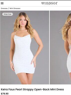 ✨ Windsor "Keira" Faux Pearl Strappy Open-Back Mini Dress- White Size M